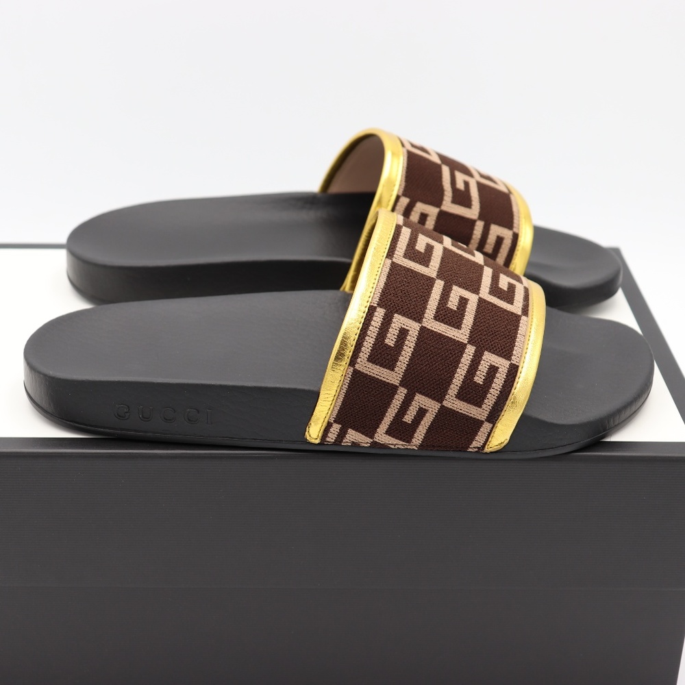 GUCCI Pursuit GG Knit Brown Gold Slide Sandals - Picture 5 of 8
